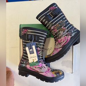Joules Navy Stripe Floral Rain Boots with Pink Accents